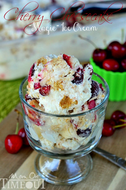 Cherry Cheesecake Magic Ice Cream is the perfect treat on hot summer days! Made with just a handful of ingredients, this easy ice cream recipe doesn't require a machine - it's magic! // Mom On Timeout