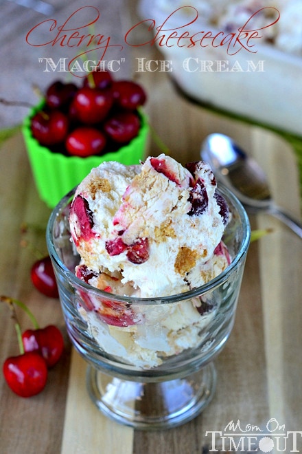 Cherry Cheesecake Magic Ice Cream is the perfect treat on hot summer days! Made with just a handful of ingredients, this easy ice cream recipe doesn't require a machine - it's magic! // Mom On Timeout