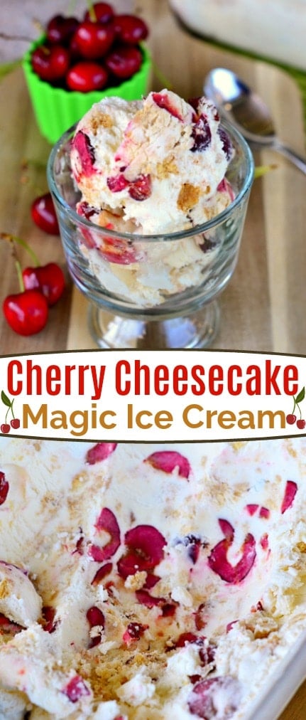 Cherry Cheesecake Magic Ice Cream is the perfect treat on hot summer days! Made with just a handful of ingredients, this easy ice cream recipe doesn't require a machine - it's magic! // Mom On Timeout