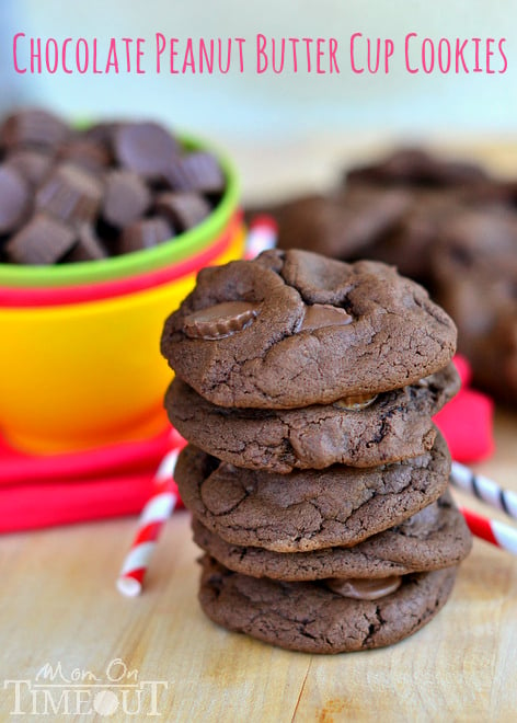 Chocolate Peanut Butter Cup Cookies with Reeses Minis | MomOnTimeout.com