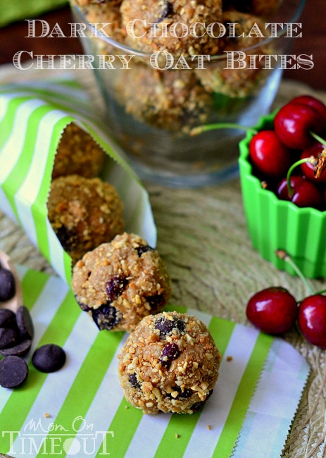 Dark Chocolate and Cherry Peanut Butter Oat Bites | MomOnTimeout.com