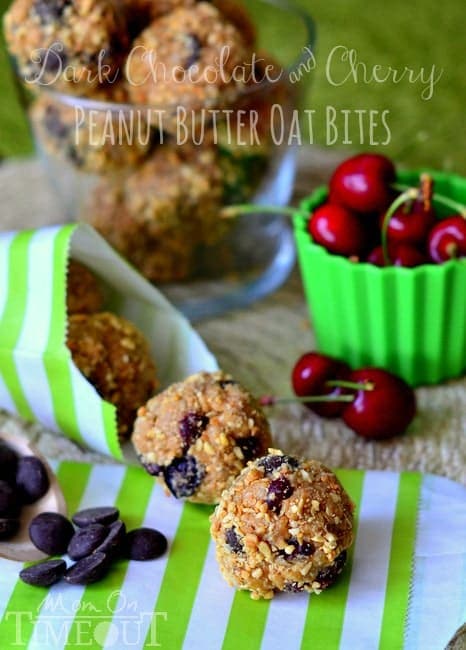 Dark Chocolate and Cherry Peanut Butter Oat Bites | MomOnTimeout.com