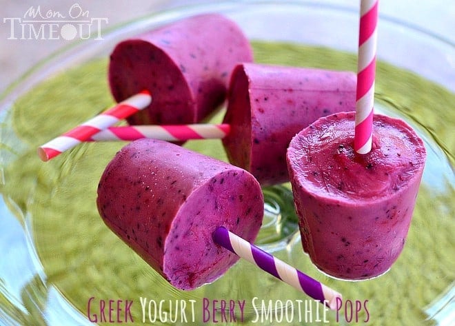 Greek Yogurt Berry Smoothie Pops are a healthy and satisfying treat for a hot day! Easy to make and super kid friendly! | MomOnTimeout.com | #recipe