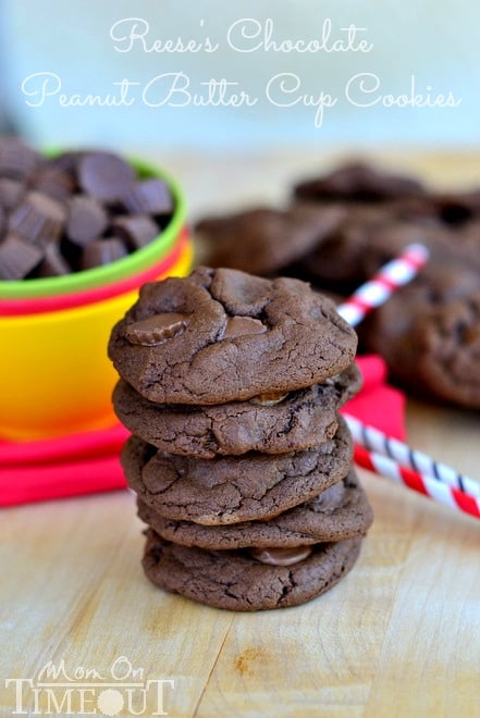 Chocolate Peanut Butter Cup Cookies with Reeses Minis | MomOnTimeout.com