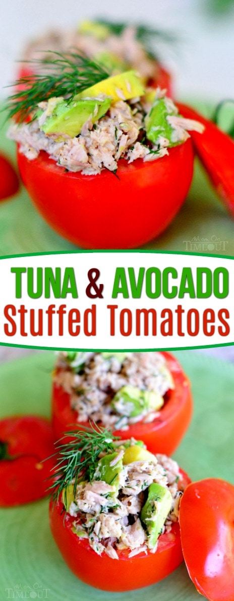 Tuna and Avocado Stuffed Tomatoes make a lighter lunch packed full of nutrients! Easy, healthy and delicious! // Mom On Timeout