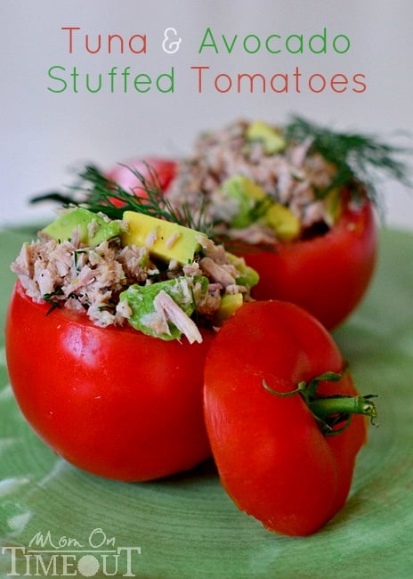 Tuna and Avocado Stuffed Tomatoes make a lighter lunch packed full of nutrients! Easy, healthy and delicious! // Mom On Timeout