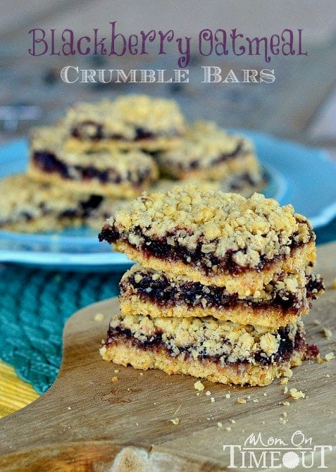 Blackberry Oatmeal Crumble Bars from MomOnTimeout.com - Made with only four ingredients and are out-of-this-world amazing!