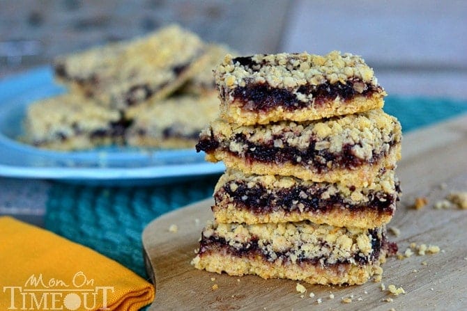 Blackberry Oatmeal Crumble Bars from MomOnTimeout.com - Made with only four ingredients and are out-of-this-world amazing!