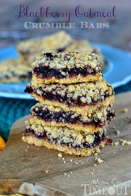 Blackberry Oatmeal Crumble Bars from MomOnTimeout.com - Made with only four ingredients and are out-of-this-world amazing!