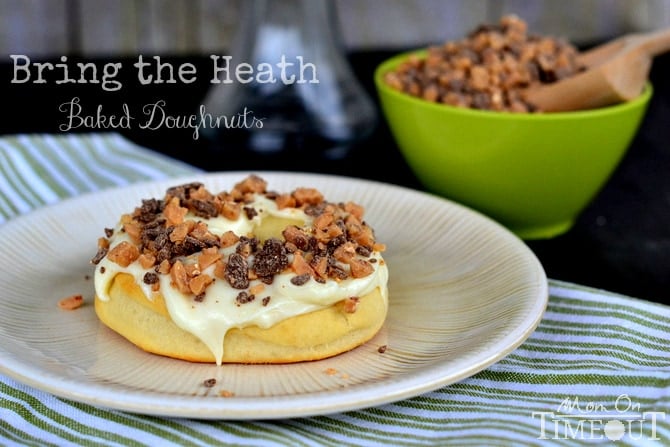 Bring the Heath Doughnuts - Gourdough's Copycat from MomOnTimeout.com | A baked yeast doughnut topped with cream cheese frosting and Heath candy pieces.