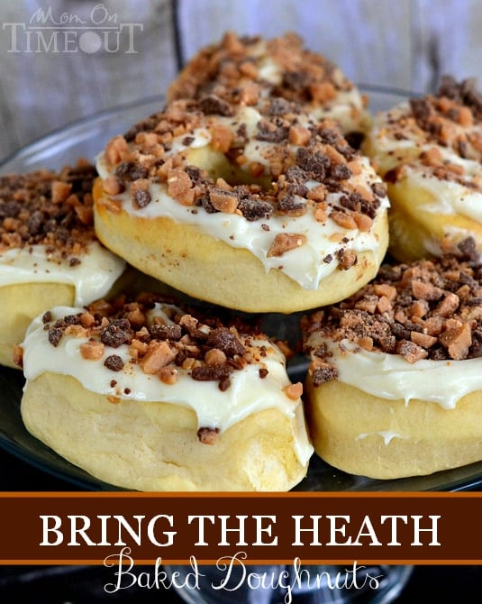 Bring the Heath Doughnuts - Gourdough's Copycat from MomOnTimeout.com | A baked yeast doughnut topped with cream cheese frosting and Heath candy pieces.