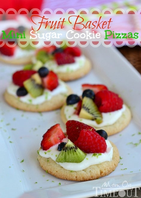 fruit basket sugar cookie pizzas on white tray with title overlay