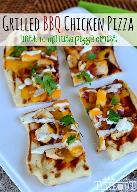 Grilled BBQ Chicken Pizza with 10 Minute Pizza Crust from MomOnTimeout.com  Perfect for hot summer nights and busy schedules! #pizza #recipe
