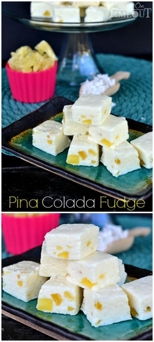 Easy Pina Colada Fudge!  This creamy and delicious fudge is so easy to make and one bite will take you to Pina Colada heaven! This fudge is so perfect for summer gatherings or a taste of summer during winter months! Enjoy!