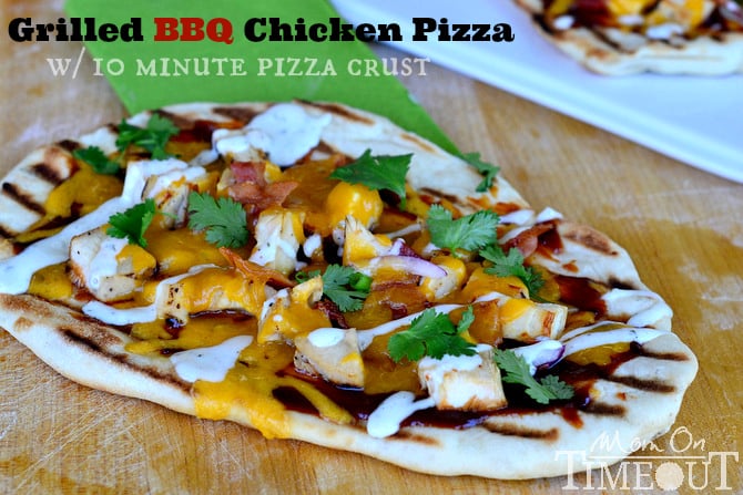 Grilled BBQ Chicken Pizza with 10 Minute Pizza Crust from MomOnTimeout.com  Perfect for hot summer nights and busy schedules! #pizza #recipe