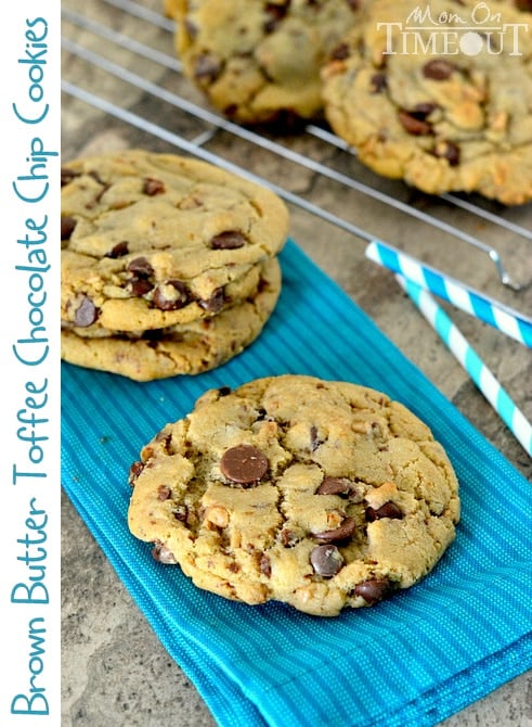 Giant, Chewy Brown Butter Toffee Chocolate Chip Cookies from MomOnTimeout.com 