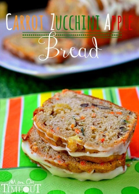 This Carrot Zucchini Apple Bread recipe is incredibly moist and flavorful! Vibrant colors from the carrot, zucchini, and apples makes this bread irresisitble! Sure to be a new favorite! // Mom On Timeout