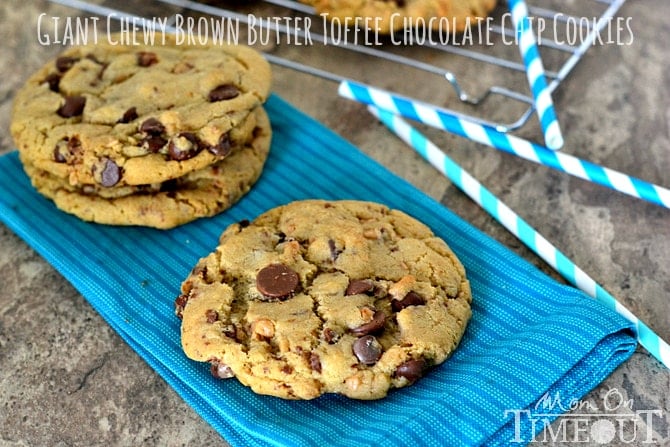 Giant, Chewy Brown Butter Toffee Chocolate Chip Cookies from MomOnTimeout.com 