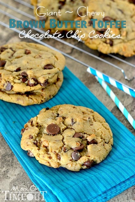 Giant, Chewy Brown Butter Toffee Chocolate Chip Cookies from MomOnTimeout.com 