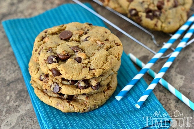 Giant, Chewy Brown Butter Toffee Chocolate Chip Cookies from MomOnTimeout.com 