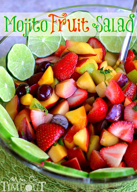 Mojito Fruit Salad - A deliciously easy fruit salad with mojito flavor! Perfect for hot summer days! Rum optional. | MomOnTimeout.com | #fruit #salad