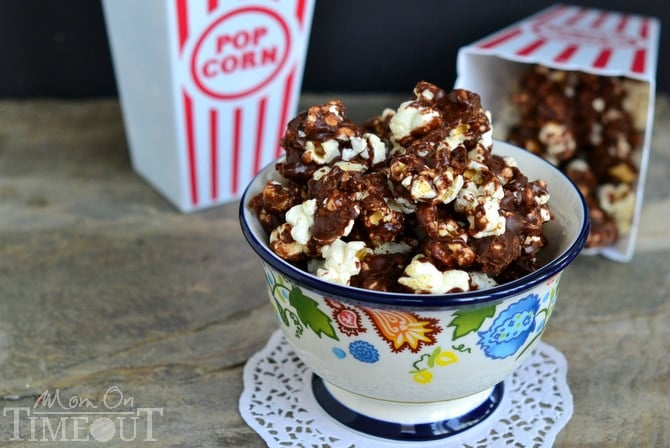 Chocolate Caramel Popcorn is the perfect snack for movies and makes a wonderful treat for school lunches! | MomOnTimeout.com #popcorn #recipe