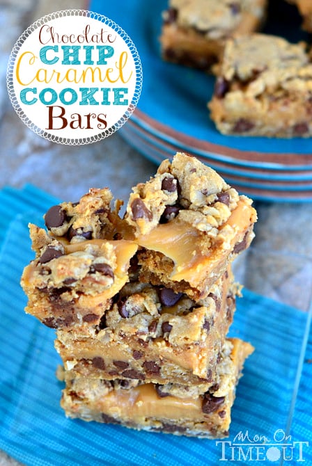 Chocolate Chip Caramel Cookie Bars are SO good with a sweet, gooey, caramel center! | MomOnTimeout.com