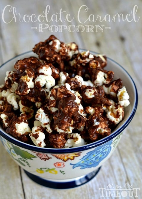 Chocolate Caramel Popcorn is the perfect snack for movies and makes a wonderful treat for school lunches! | MomOnTimeout.com #popcorn #recipe