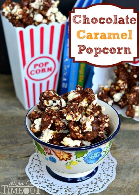 Chocolate Caramel Popcorn is the perfect snack for movies and makes a wonderful treat for school lunches! | MomOnTimeout.com #popcorn #recipe