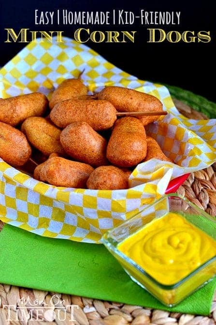 Easy Homemade Mini Corn Dogs - An easy, family friendly recipe that is perfect for dinner or as an appetizer! Kids go CRAZY for these! | MomOnTimeout.com