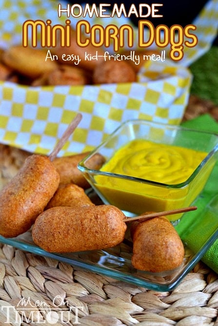 Easy Homemade Mini Corn Dogs - An easy, family friendly recipe that is perfect for dinner or as an appetizer! Kids go CRAZY for these! | MomOnTimeout.com