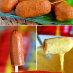 3 image collage of homemade mini corn dogs showing the process of making them and a text overlay at the bottom