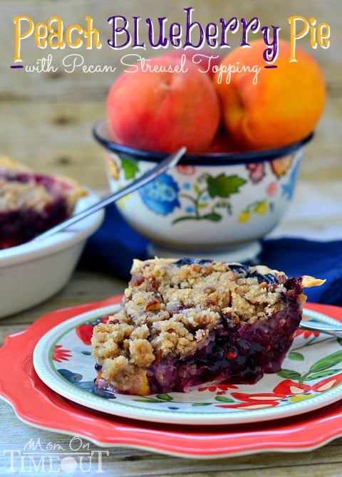 Peach Blueberry Pie with Pecan Streusel Topping from MomOnTimeout.com #pie #peach #blueberry #dessert #shop