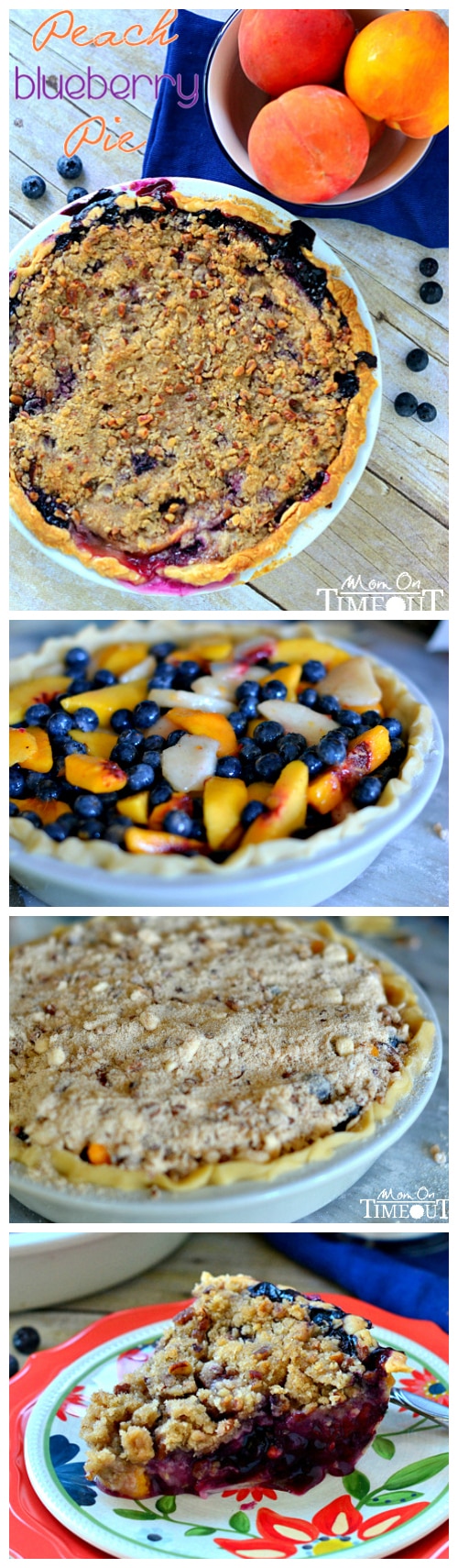 Peach Blueberry Pie with Pecan Streusel Topping made with fresh peaches and blueberries. This is exactly what a summer pie should look and taste like. Don't forget the vanilla ice cream! // Mom On Timeout