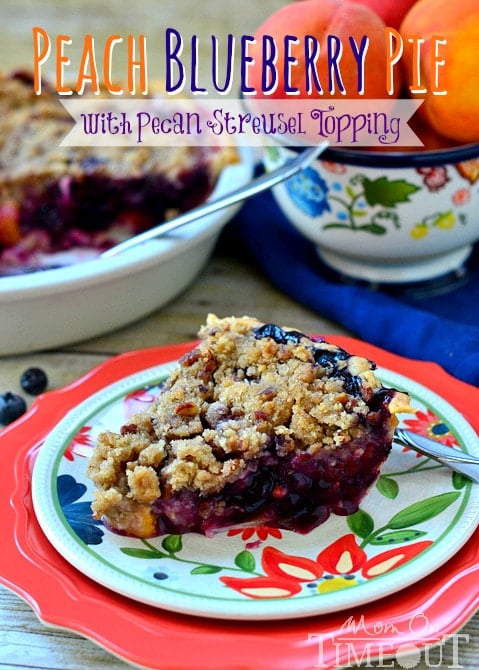 Peach Blueberry Pie with Pecan Streusel Topping from MomOnTimeout.com #pie #peach #blueberry #dessert #shop