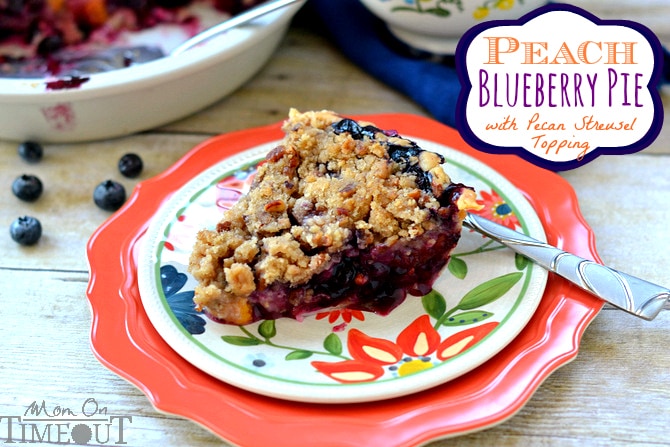 Peach Blueberry Pie with Pecan Streusel Topping from MomOnTimeout.com #pie #peach #blueberry #dessert #shop