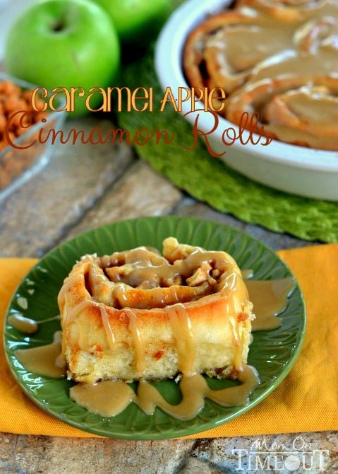 Craving caramel apples? Try these Caramel Apple Cinnamon Rolls for a sweetly satisfying breakfast treat! These gorgeous rolls are topped with a mouth-watering caramel icing and filled with Granny Smith apples and caramel. | MomOnTimeout.com