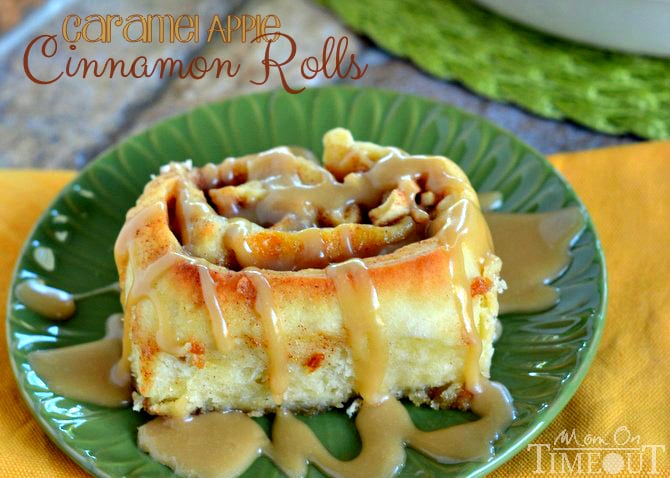 Craving caramel apples? Try these Caramel Apple Cinnamon Rolls for a sweetly satisfying breakfast treat! These gorgeous rolls are topped with a mouth-watering caramel icing and filled with Granny Smith apples and caramel. | MomOnTimeout.com