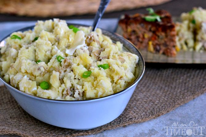 Slow Cooker Garlic Buttermilk Mashed Potatoes for nights when dinner needs to be fast, easy and delicious! | MomOnTimeout.com #slowcooker #potatoes