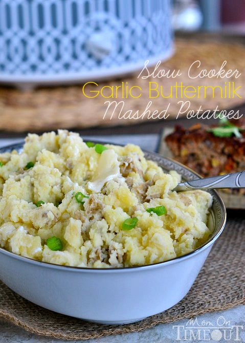 Slow Cooker Garlic Buttermilk Mashed Potatoes for nights when dinner needs to be fast, easy and delicious! | MomOnTimeout.com #slowcooker #potatoes