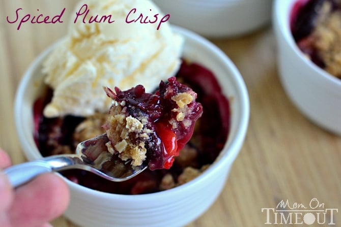 Spiced Plum Crisp is the easiest, most delightful dessert (or breakfast!) you will make this season! | MomOnTimeout.com