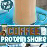 Three image collage showing coffee protein shake in a tall clear glass topped with espresso powder. The shake has two colored paper straws in it. Color block with text overlay in the center of the image.