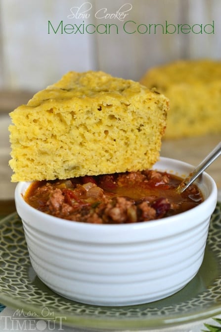 Slow Cooker Mexican Cornbread with Green Chiles and Cheese! | MomOnTimeout.com