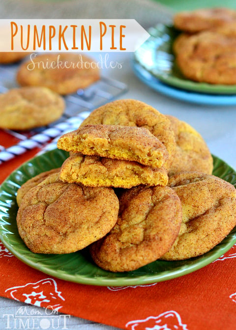 pumpkin pie snickerdoodles on plate with one cookie cut in half