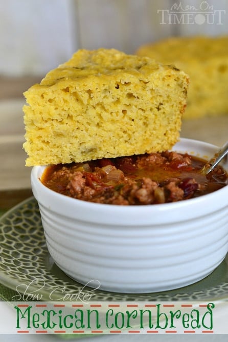 Slow Cooker Mexican Cornbread with Green Chiles and Cheese! | MomOnTimeout.com