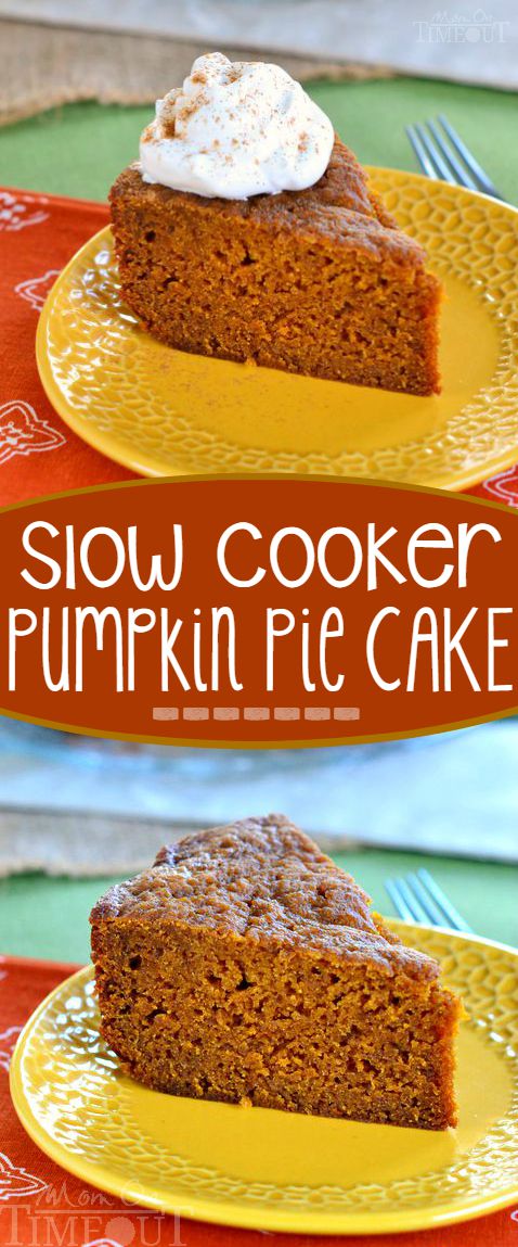 This Slow Cooker Pumpkin Pie Cake is sure to quickly become a family favorite. Moist, delicious and so wonderfully easy to prepare - straight from your slow cooker. // Mom On Timeout #pumpkin #cake #pie #Thanksgiving #Christmas #slowcooker #crockpot #dessert #recipe #momontimeout