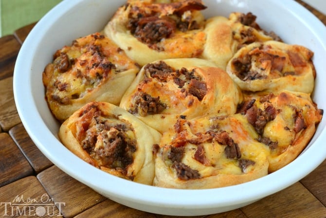 Bacon Cheeseburger Pizza Pinwheels are a fun way to enjoy all the fantastic flavors of a Bacon Cheeseburger Pizza! | MomOnTimeout.com