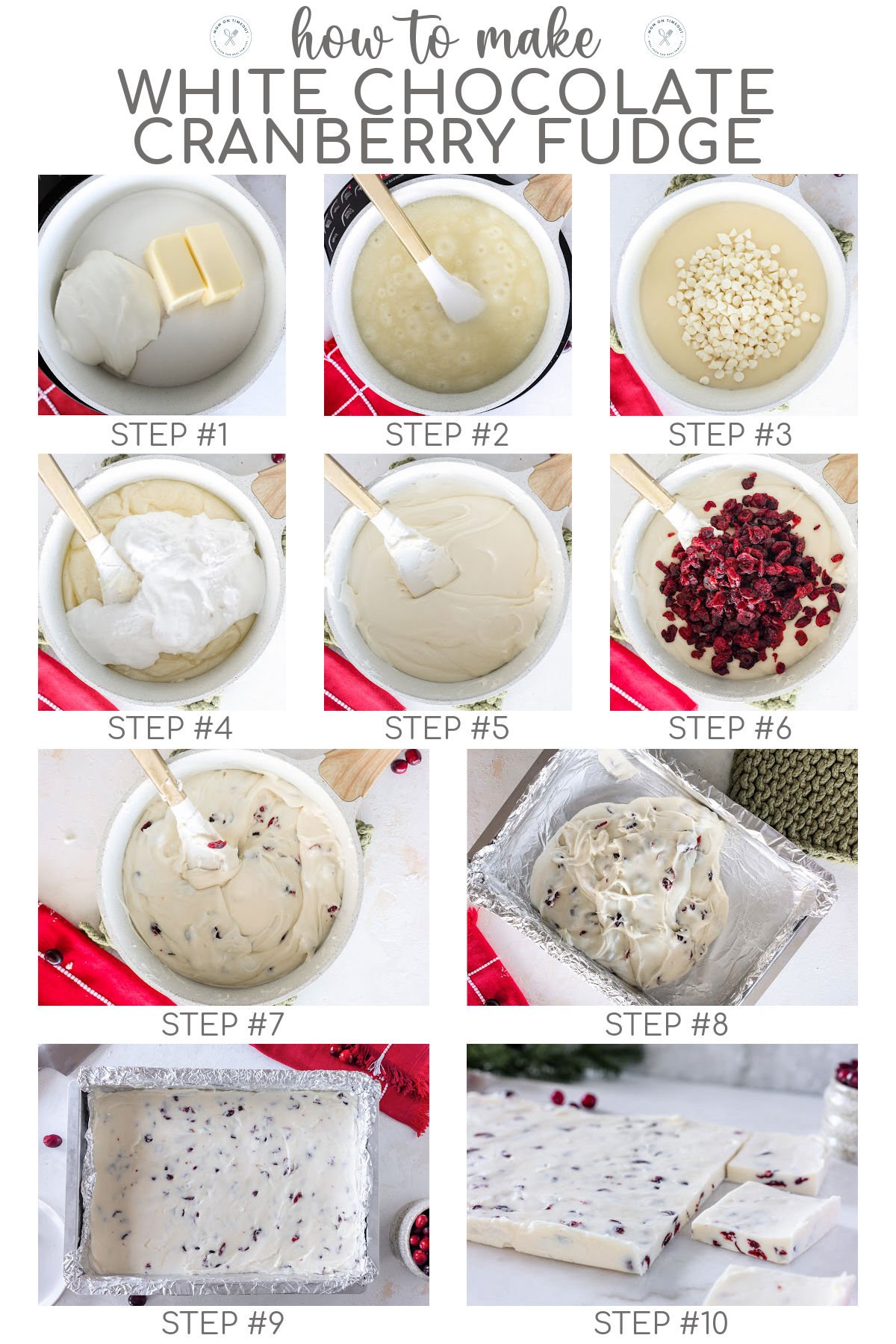 Ten image collage showing how to make white chocolate cranberry fudge step by step.