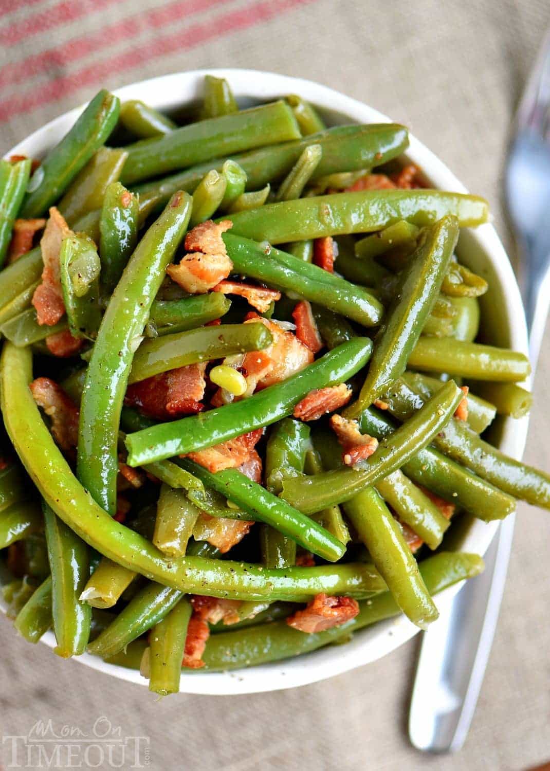 green bean recipe with bacon top down view in bowl