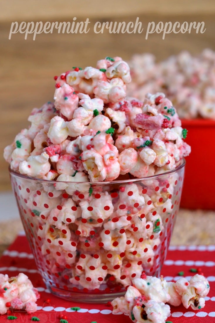 You're going to love the fabulous flavor and satisfying crunchy sweetness of this Peppermint Crunch Popcorn! It takes just minutes to prepare and would make the perfect gift this holiday season! Take this to your holiday party and let the compliments roll in! | MomOnTimeout.com | #popcorn #Christmas #recipe